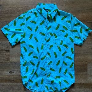 Rick and Morty Pickle Rick Blue Green Button Front Shirt Size Small